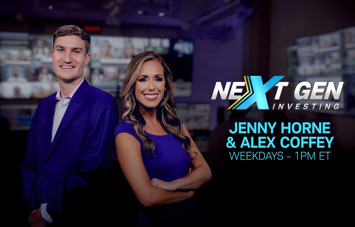 Photo of hosts Jenny Horne and Alex Coffey and text "Next Gen Investing, Jenny Horne & Alex Coffey, Weekdays 1 PM ET"