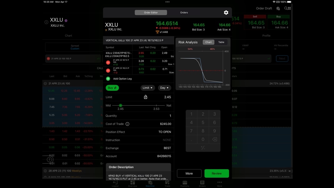 A screenshot of trade ticket on thinkorswim mobile.